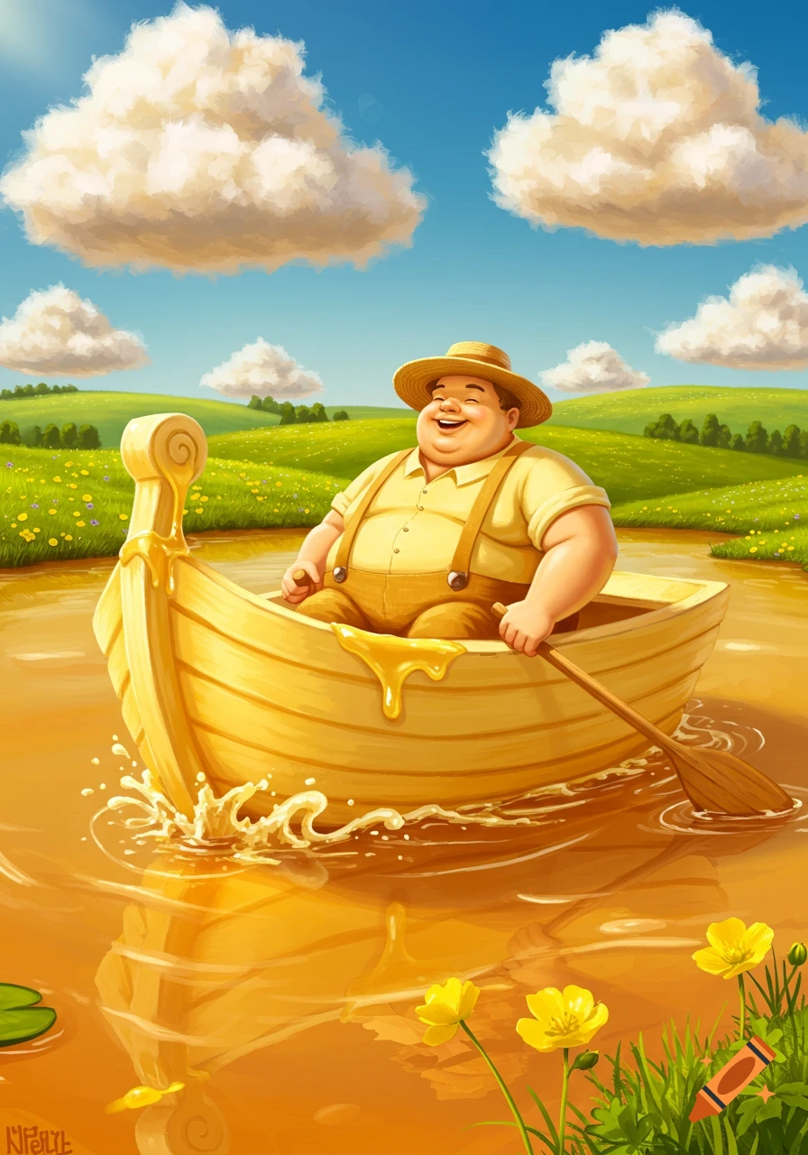 Whimsical cartoon of a cheerful, chubby man in a yellow butter boat, paddling on a golden river amidst green fields.