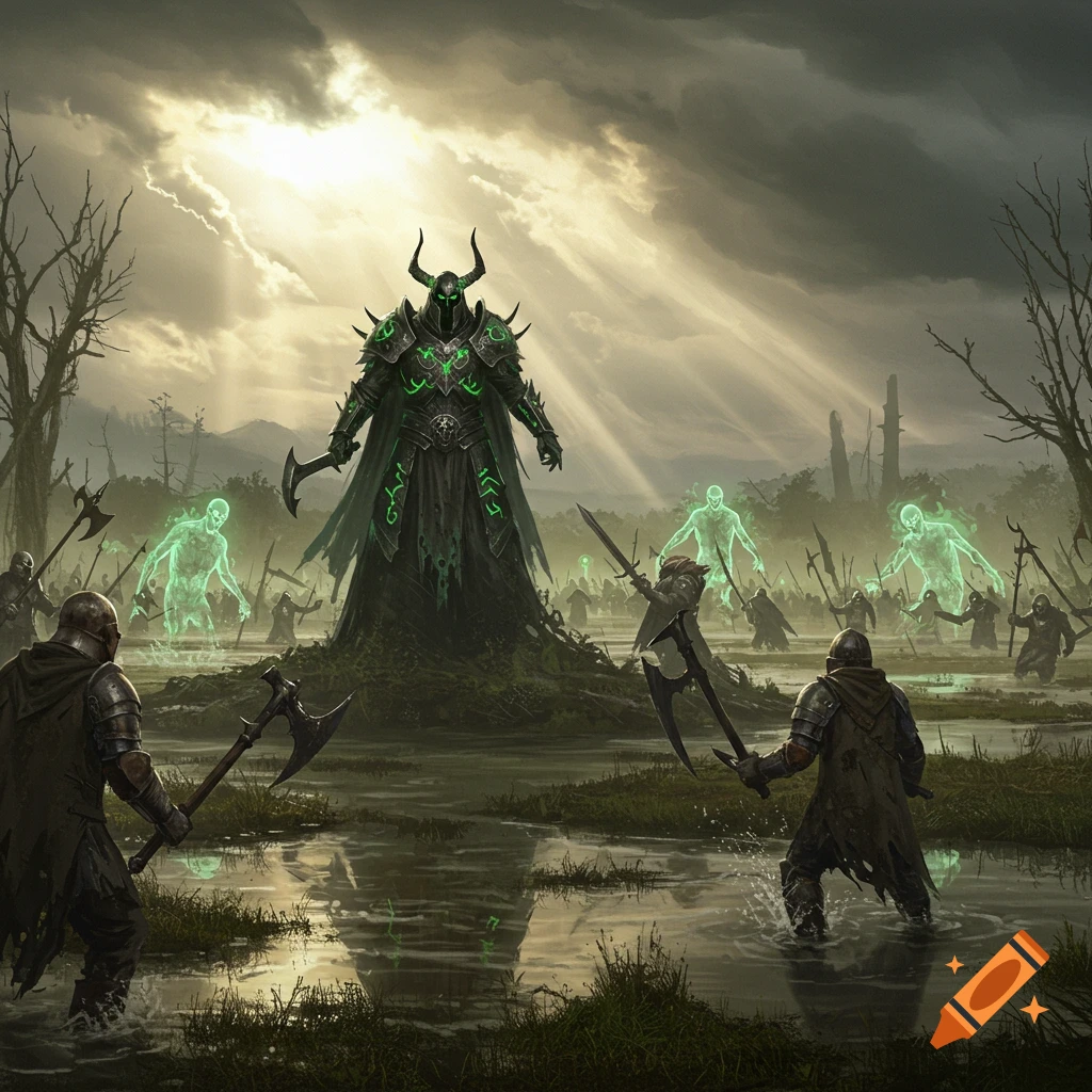A dark fantasy art depicts a horned overlord commanding a bog army and glowing ghosts against warriors in a swamp under a stormy sky.