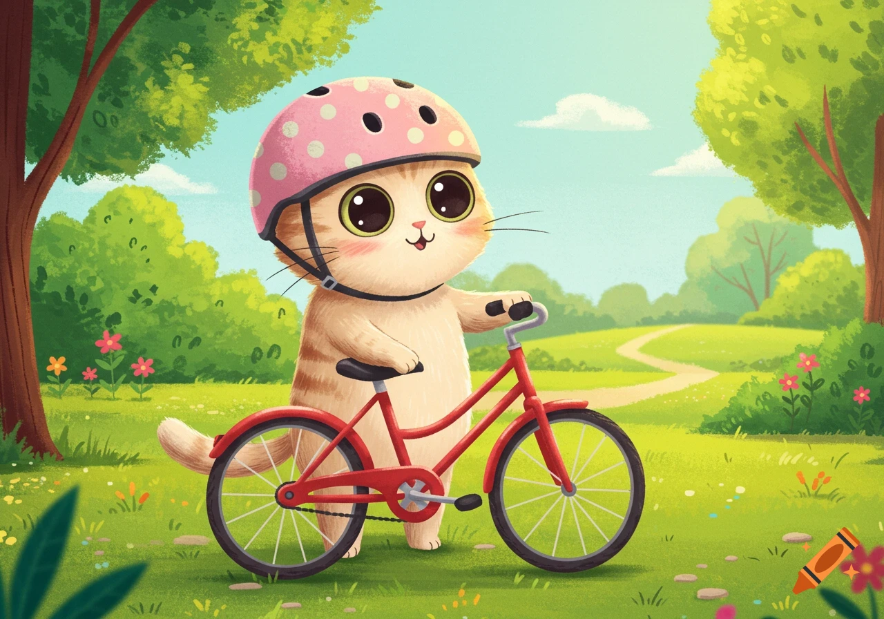 A cute cartoon cat wearing a pink polka dot helmet stands with a red bicycle in a grassy park with trees and flowers.