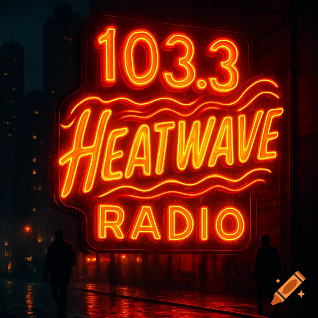 A bright red and orange neon sign for '103.3 HEATWAVE RADIO' glows on a wet, dark city street at night, with reflections on the pavement.