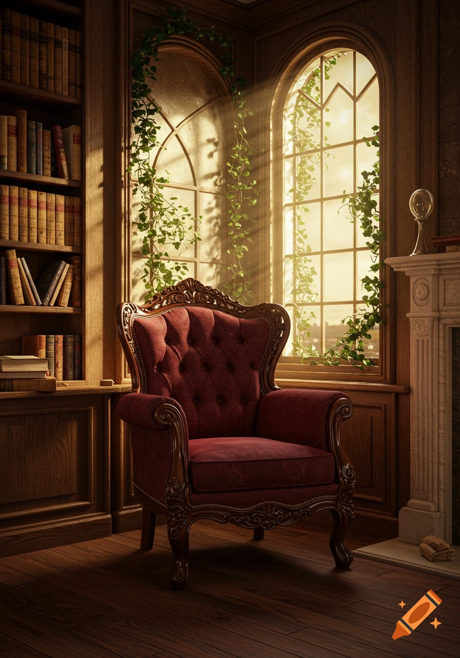 A luxurious red armchair sits in a sunlit classical library with large arched windows, dense bookshelves, and a fireplace.