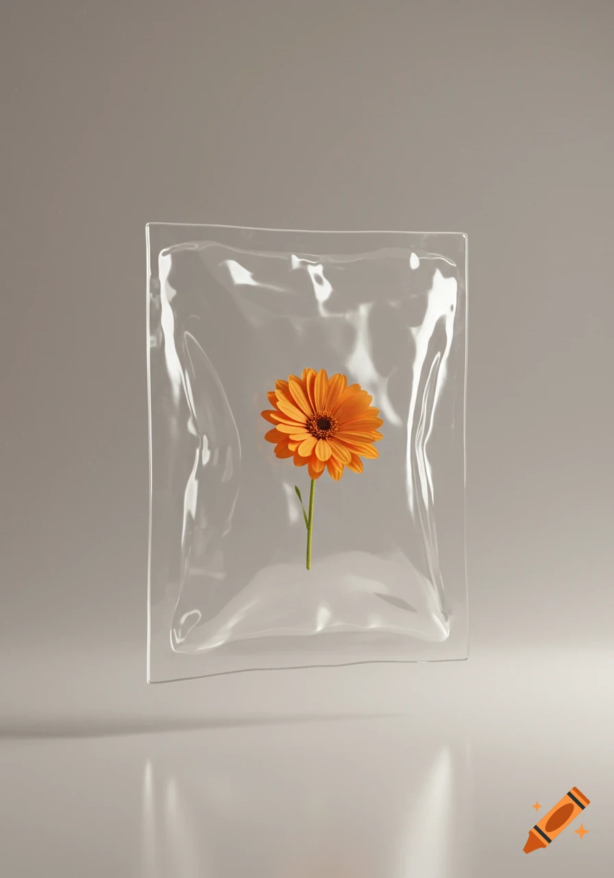 An orange gerbera daisy in a transparent crinkled plastic bag on a light gray background, photorealistic still life.