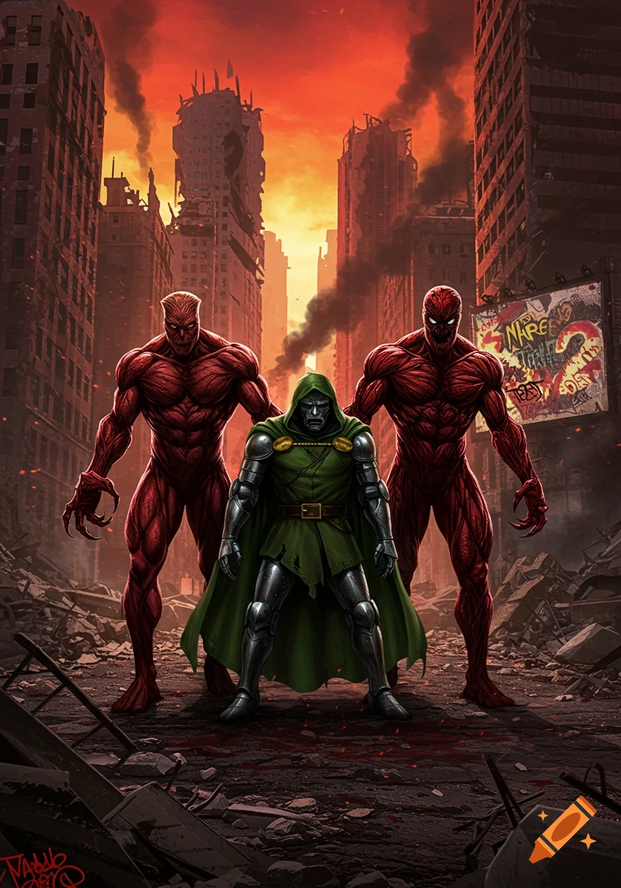 Carnage, Doctor Doom, and another Carnage stand in a destroyed city with buildings burning and an orange sky, in a comic book art style.