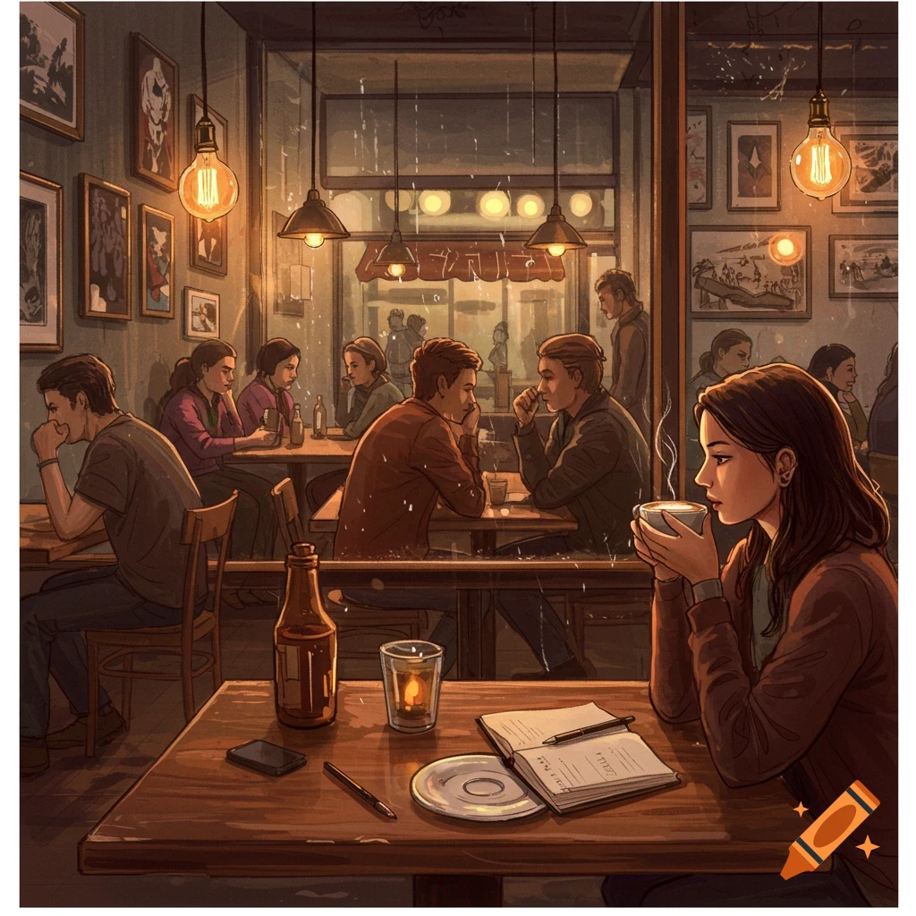 An atmospheric illustration of a woman sipping a hot drink in a cozy coffee shop, with other patrons and warm lighting.