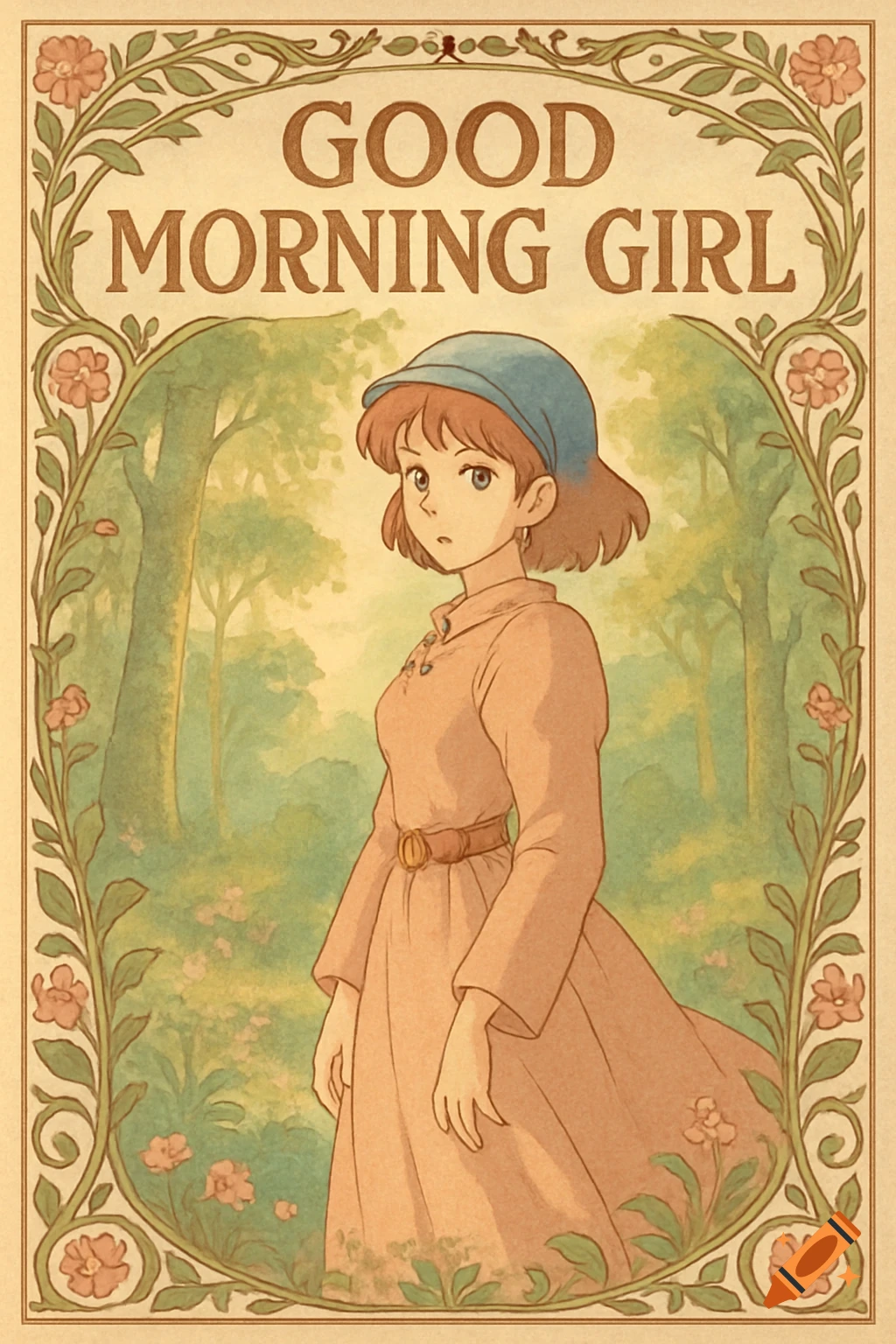 Anime poster featuring a girl in a forest with text 'GOOD MORNING GIRL' and decorative borders.
