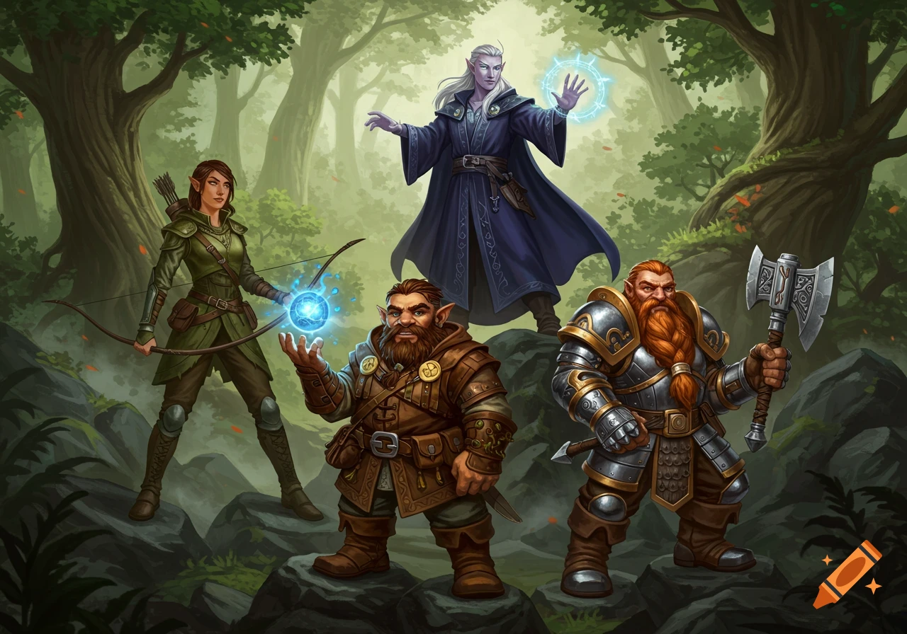 Four fantasy adventurers, an elf wizard, a female ranger, and two dwarves, stand in a lush forest.