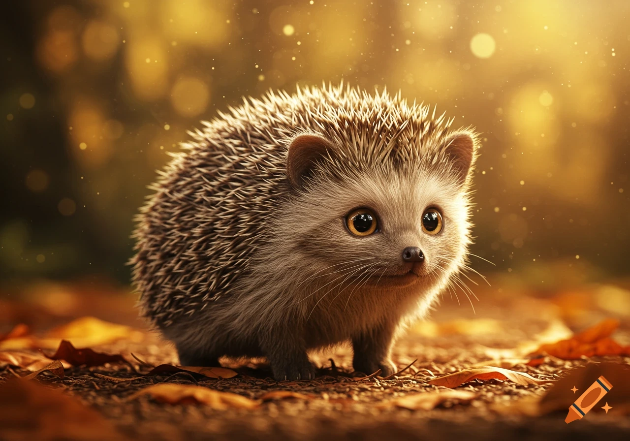 A small, fluffy hedgehog with large, round eyes stands on autumn leaves with a glowing, bokeh background.