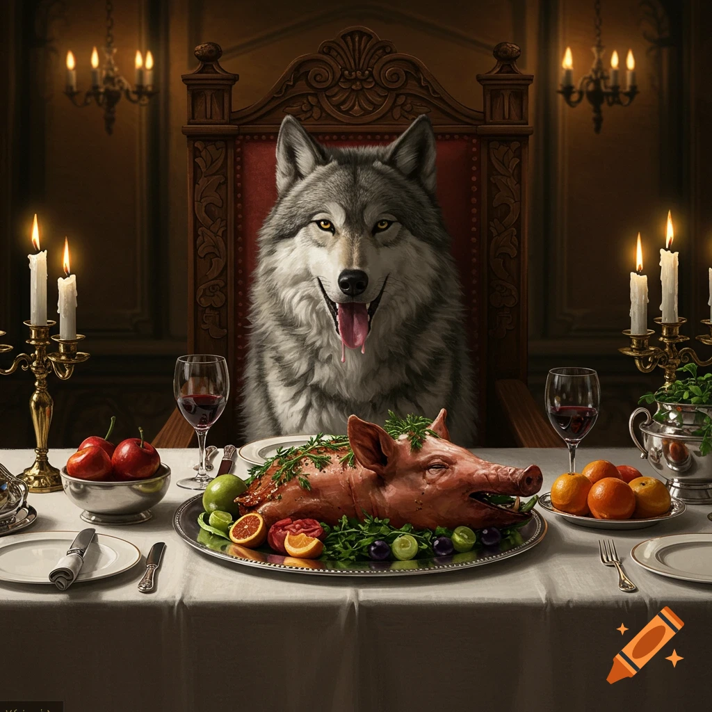 A photorealistic wolf with its tongue out sits at a formal dinner table, eagerly looking at a roasted pig's head on a platter.