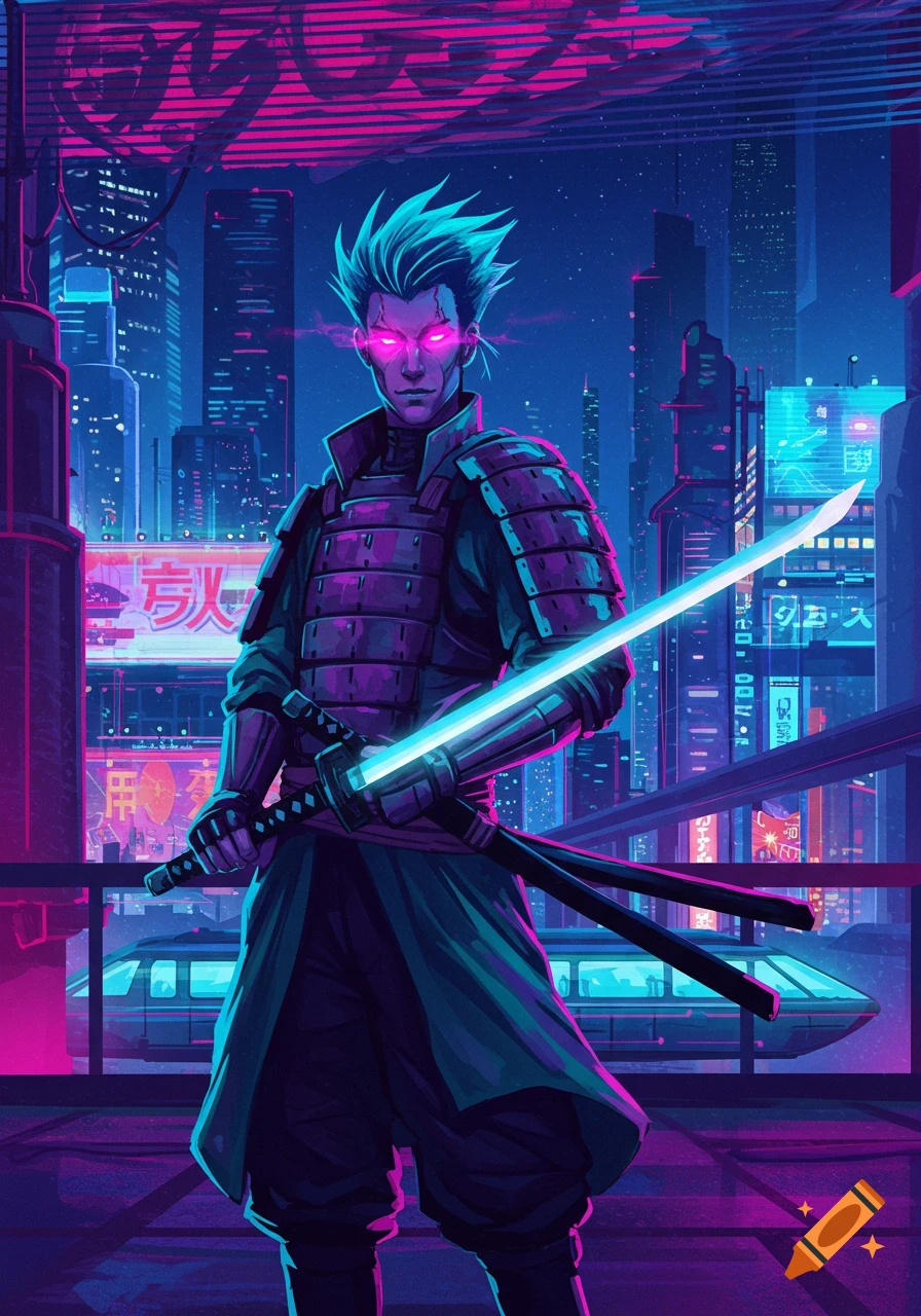 A cyberpunk samurai with glowing pink eyes and neon blue hair holds a glowing katana in a futuristic city at night, in 90s anime style.