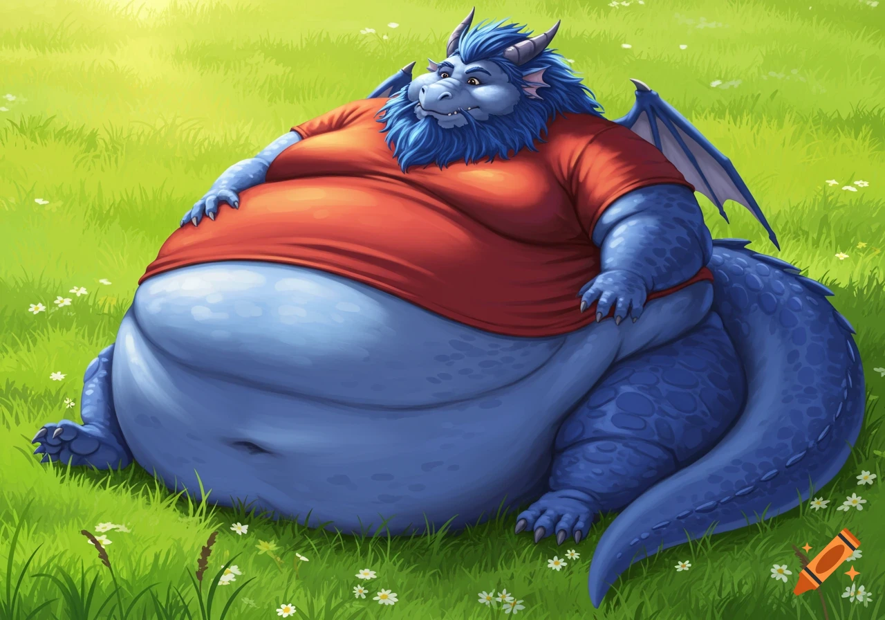 An extremely obese blue dragon with long blue hair and a beard, wearing a red t-shirt, sits on bright green grass with small white flowers.
