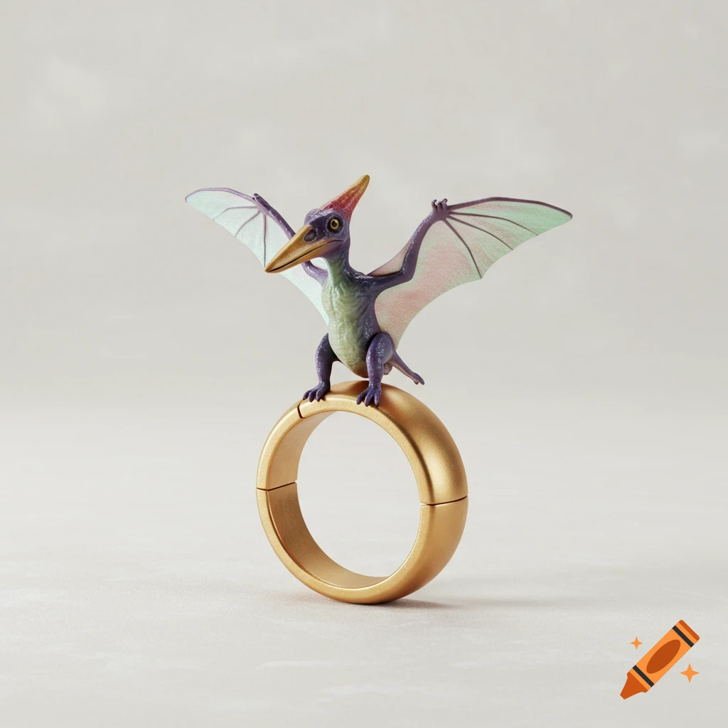 A small purple and green pterodactyl toy with paper wings stands on a golden ring.