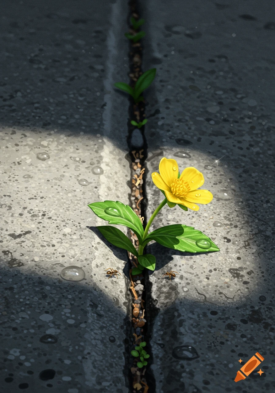 A vibrant yellow flower with green leaves, covered in water droplets, pushes through a crack in a concrete pavement, with small ants nearby. The image is a detailed digital illustration.