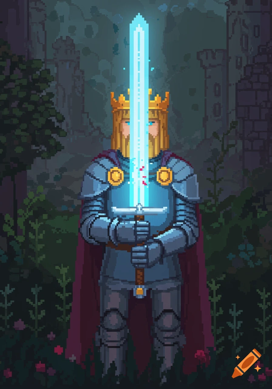Pixel art of King Arthur in armor and golden crown, holding an enchanted glowing blue sword in a dark forest.