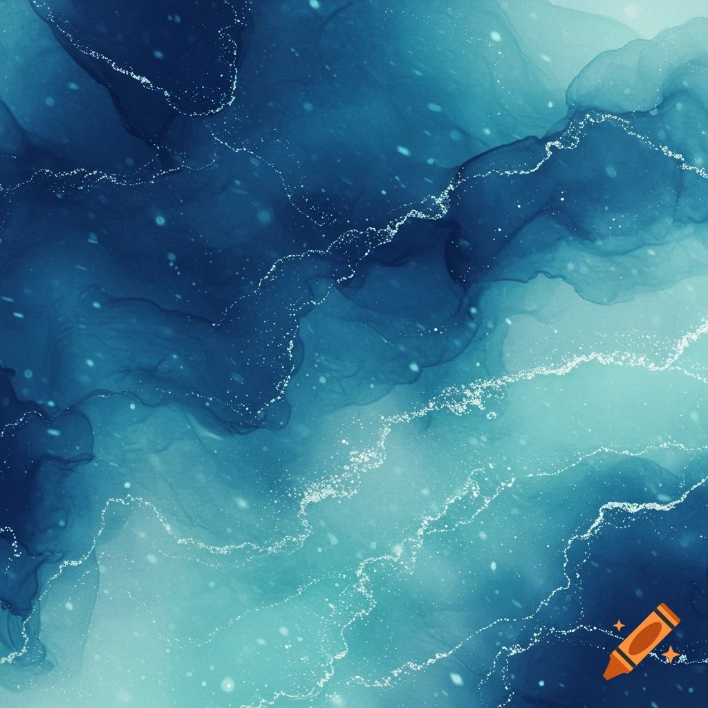 Abstract blue, mint, and turquoise alcohol ink art with swirling patterns and glittering speckles.