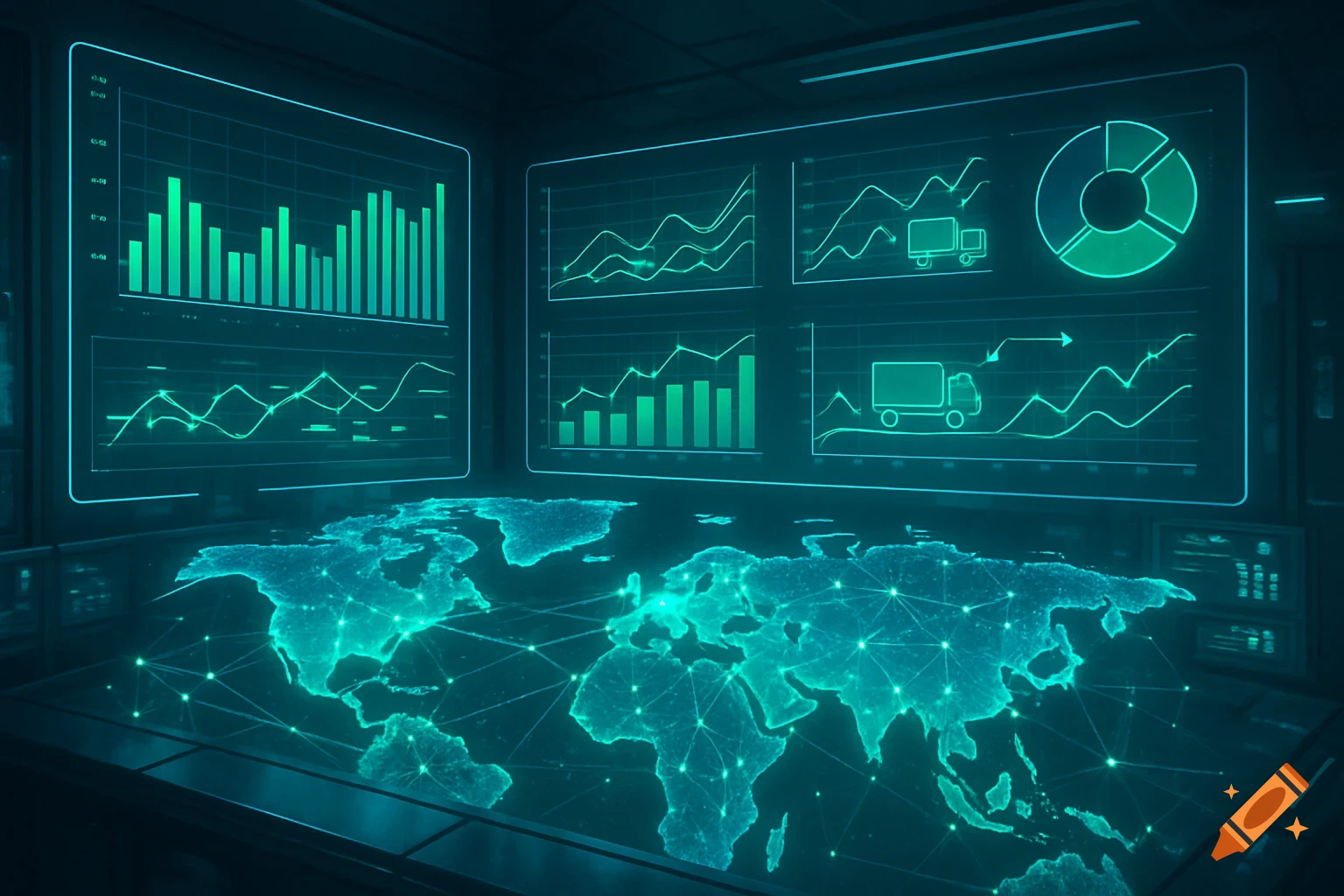 Digital holographic world map with glowing teal lines, surrounded by screens displaying bar graphs, line charts, and pie charts.