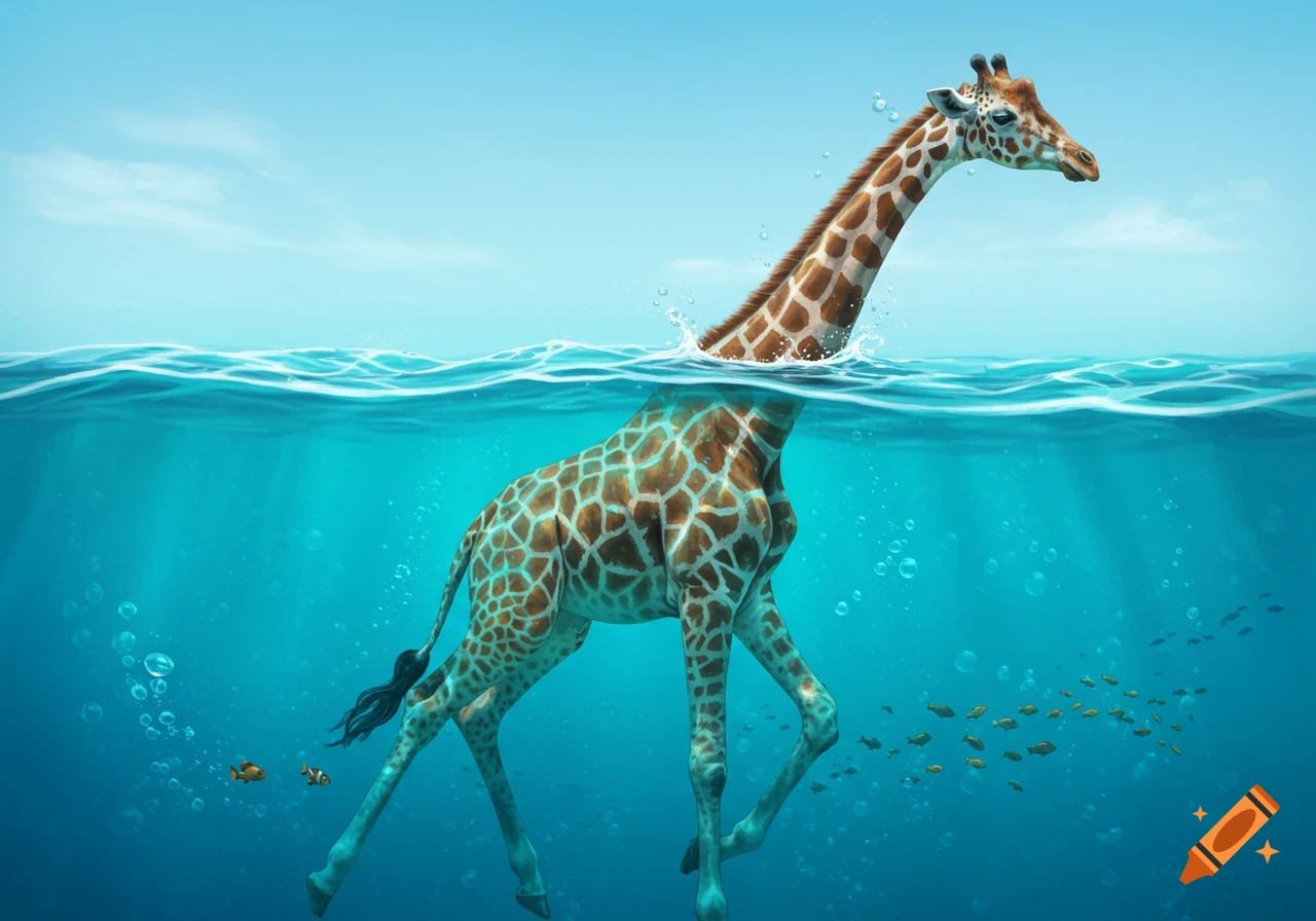 A giraffe swims in a clear blue ocean with its head above water, surrounded by small fish.