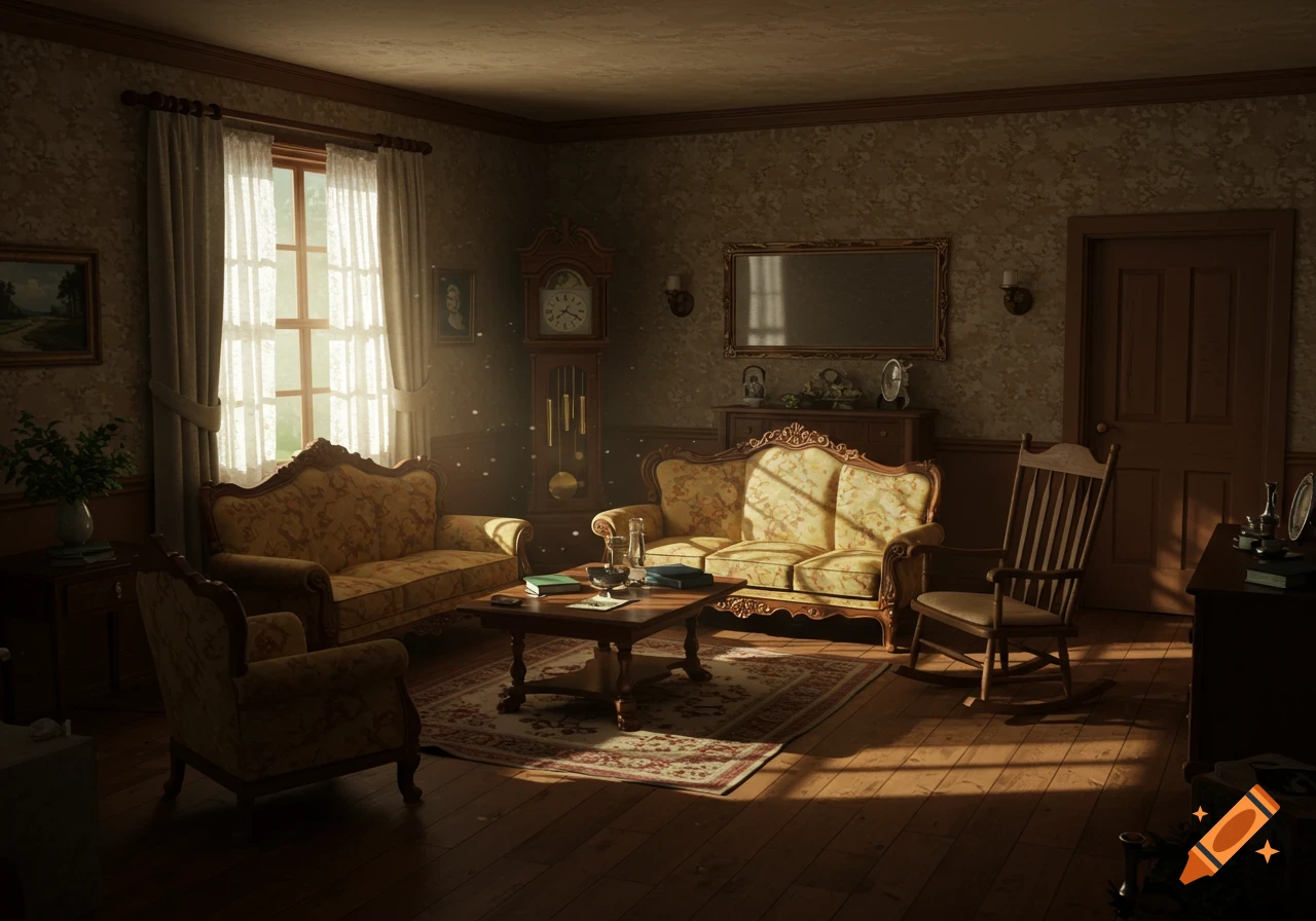 A sunlit, vintage living room with antique furniture, including two sofas, a rocking chair, a grandfather clock, and a coffee table.