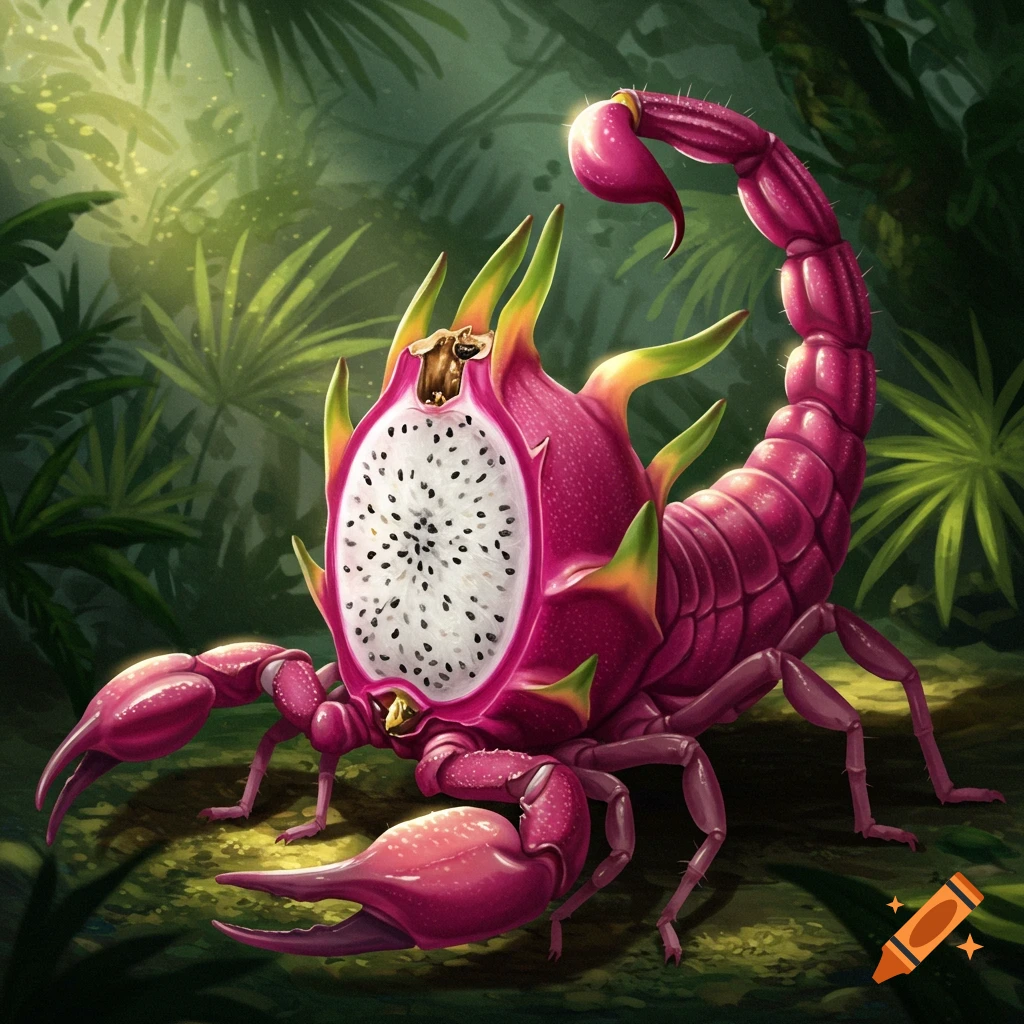 A vibrant pink and green dragon fruit scorpion hybrid stands in a lush, green jungle environment, illustrated in a detailed style.