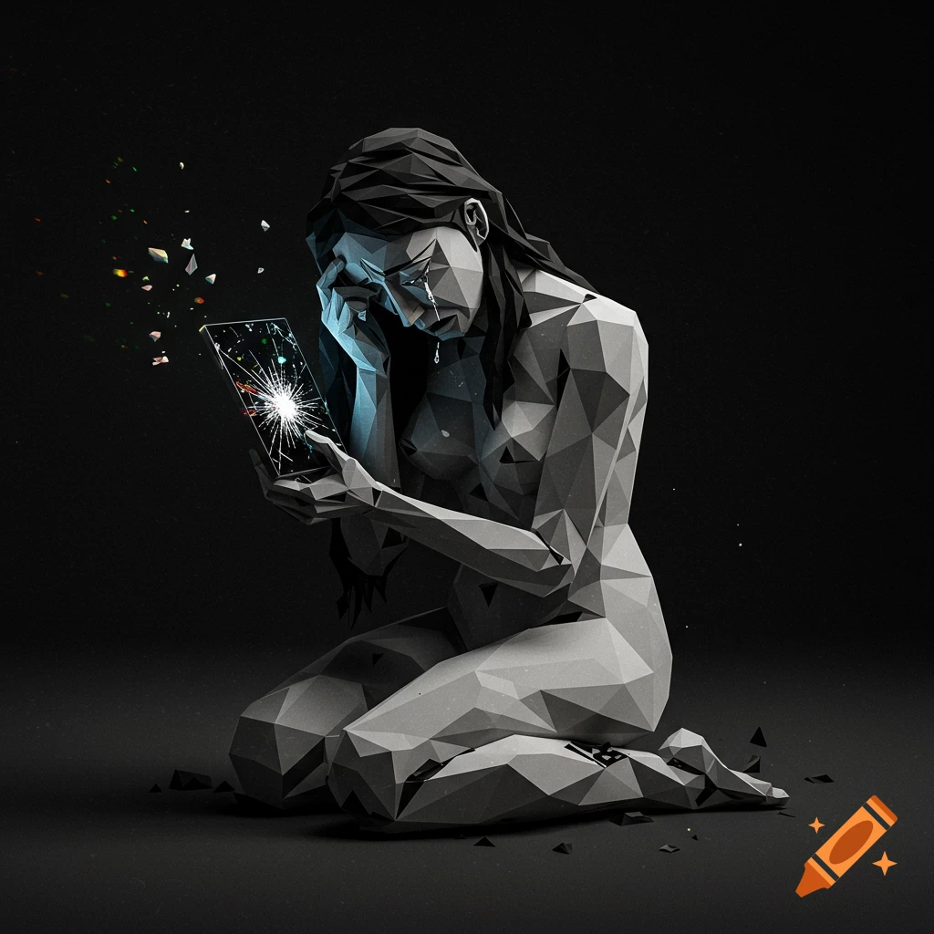 Low-poly cubist woman kneeling and crying, holding a shattered smartphone on a black background.