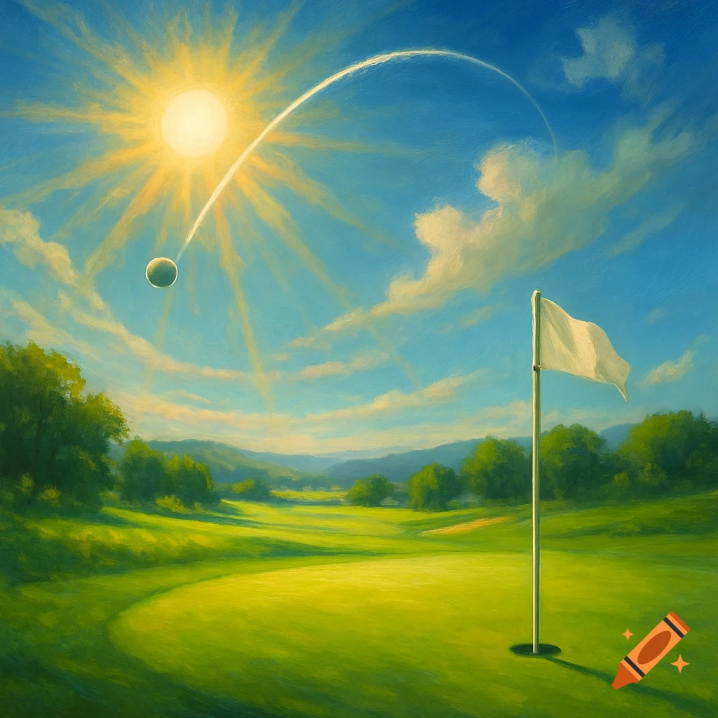 A vibrant oil painting of a golf course under a bright sun, with a golf ball arcing towards a white flag at the hole.