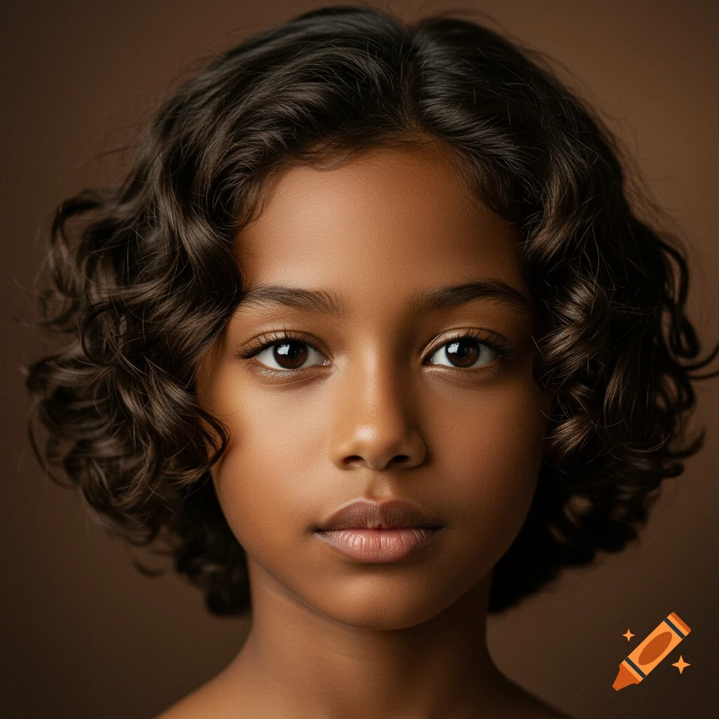 Photorealistic portrait of a young girl with dark curly hair, dark eyes, a high nose, and thin lips.