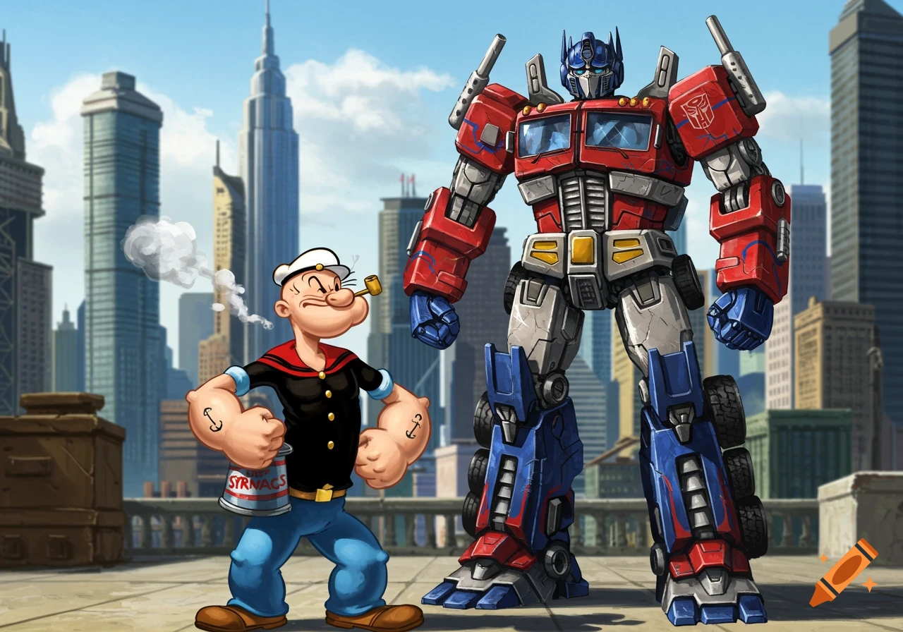Popeye smoking a pipe and holding a can next to Optimus Prime in a city with skyscrapers.