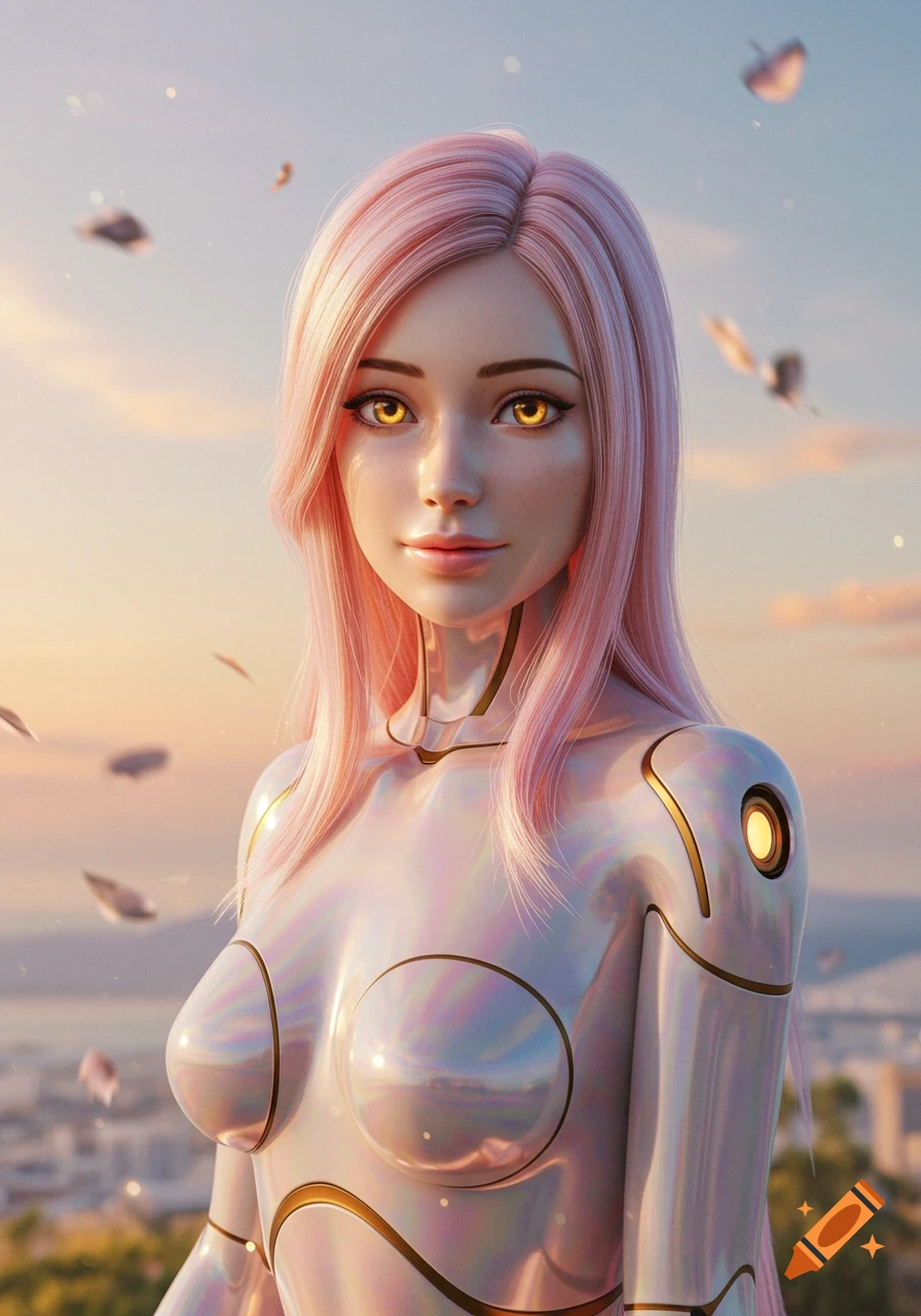 A beautiful female android with long pink hair, glowing amber eyes, and an iridescent metallic body against a soft, dreamy sunset sky.