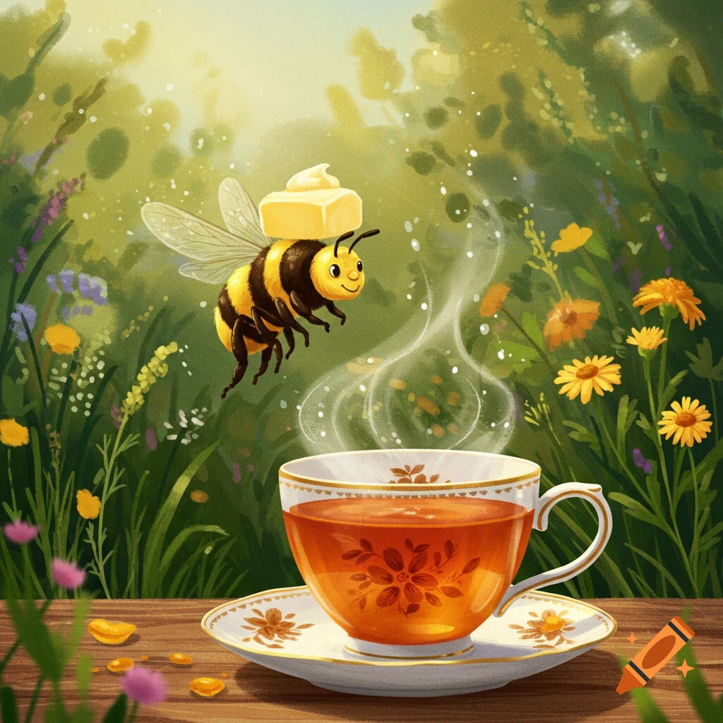 Whimsical illustration of a happy cartoon bee carrying butter flying over a steaming teacup in a sunny garden.