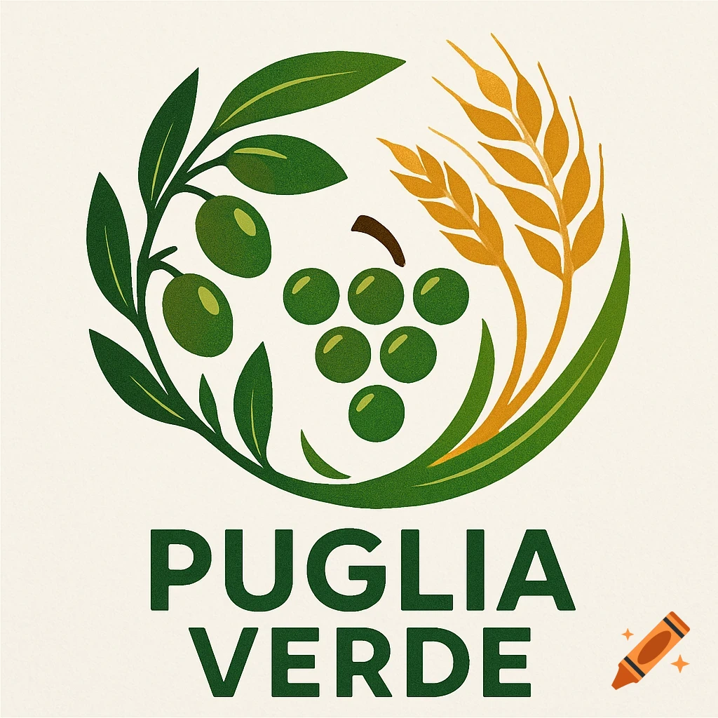 A logo with an olive branch, green grapes, and wheat stalks forming a circle. Below, the text 'PUGLIA VERDE'.