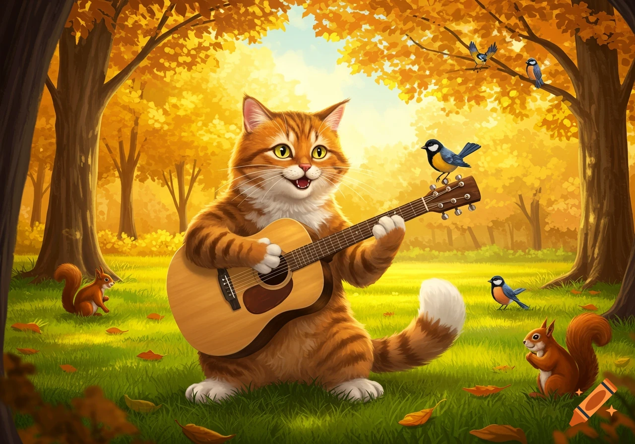 A happy cartoon orange cat plays an acoustic guitar in a vibrant autumn park, with squirrels and birds nearby.