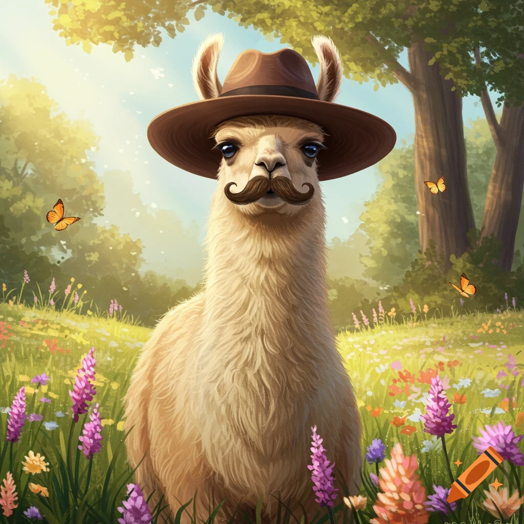 A whimsical llama with a thick brown mustache and a fedora hat stands in a sunny, flower-filled meadow with butterflies and trees in a digital painting style.