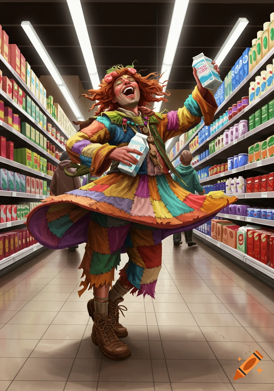 A man in a colorful patchwork jester costume dances joyfully in a supermarket aisle, holding milk cartons. Illustrated.