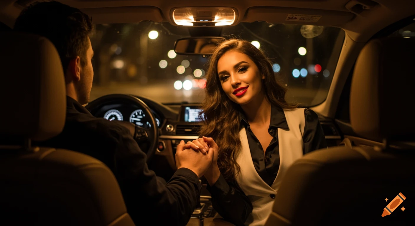 A man drives a BMW at night, holding the hand of a woman in the passenger seat who smiles towards the camera.
