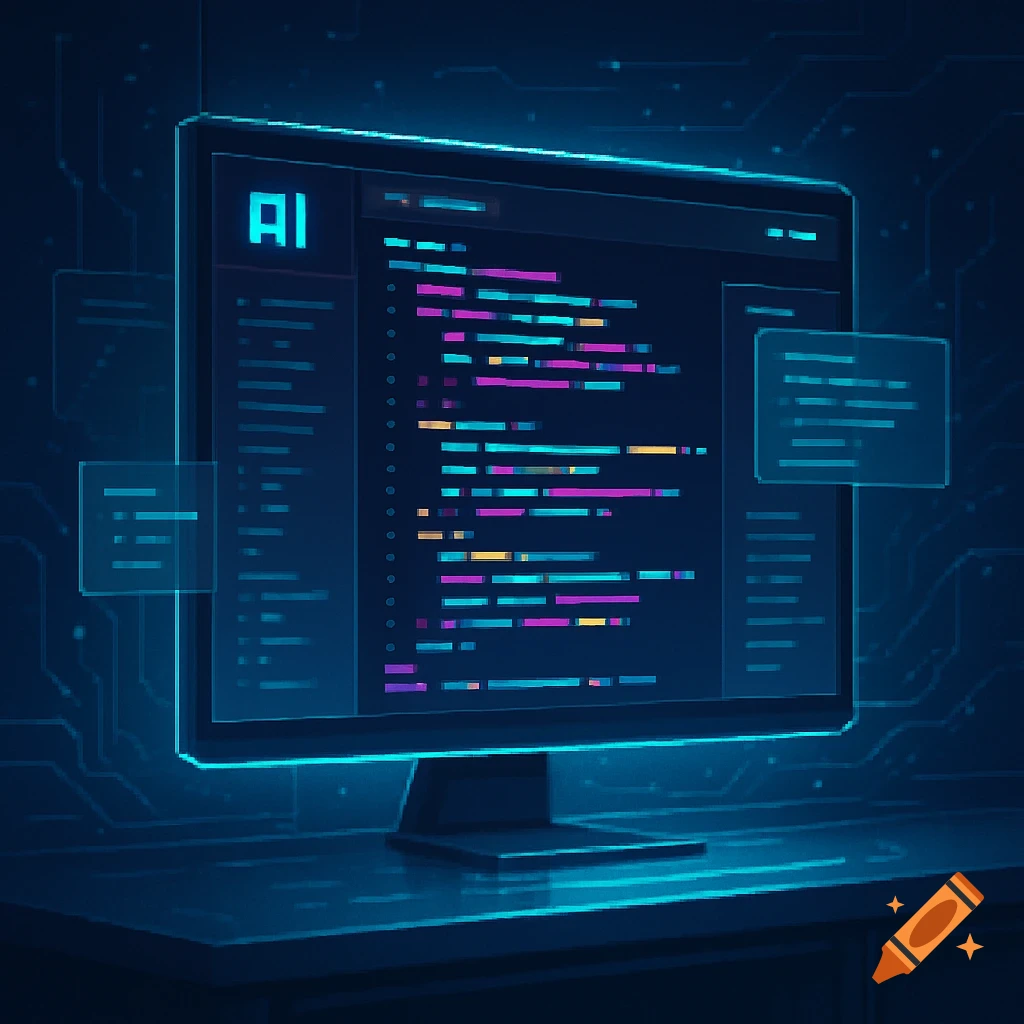 A blue-lit computer monitor displays colorful code and an 'AI' label in a digital, futuristic style.