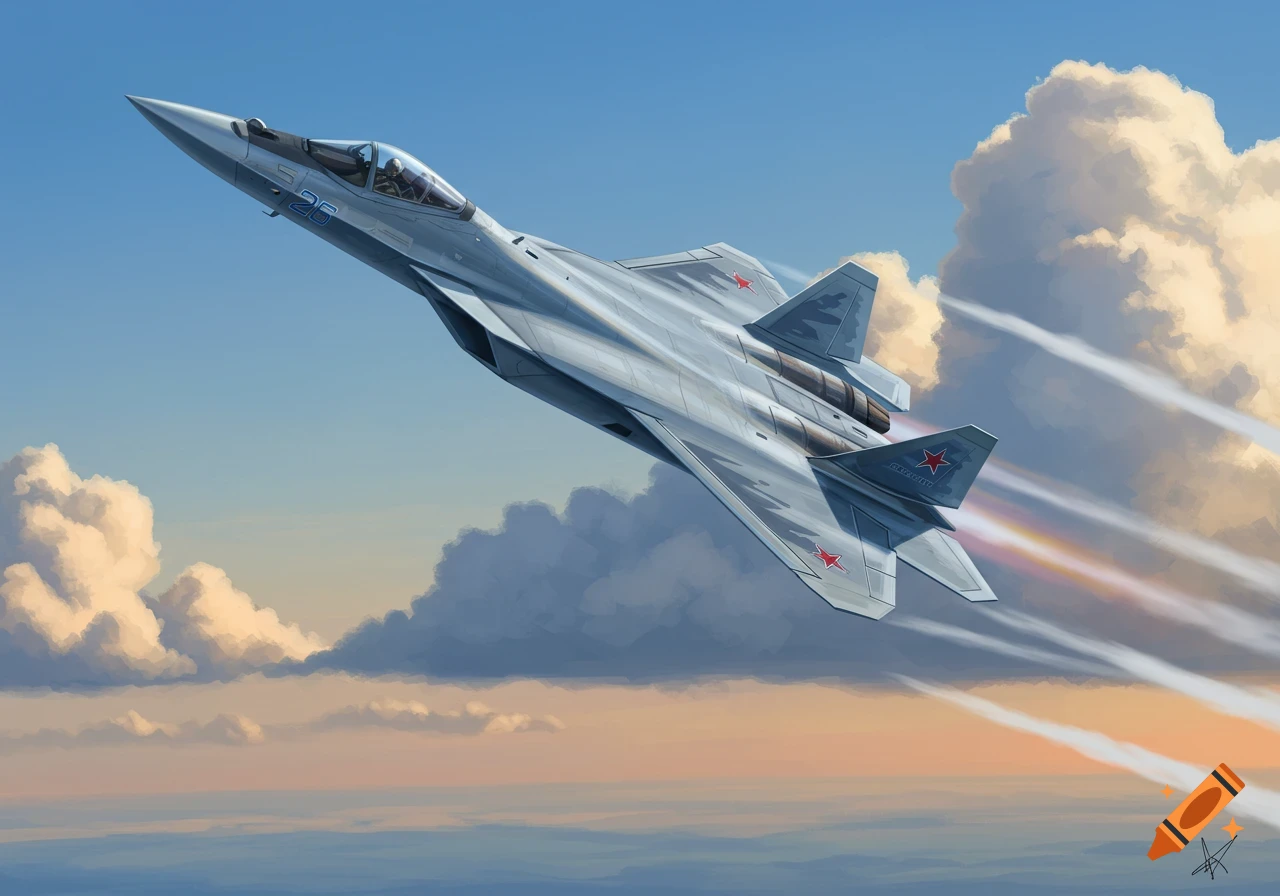 A gray Sukhoi Su-57 fighter jet with red stars climbs into a blue sky with white clouds and orange horizon.