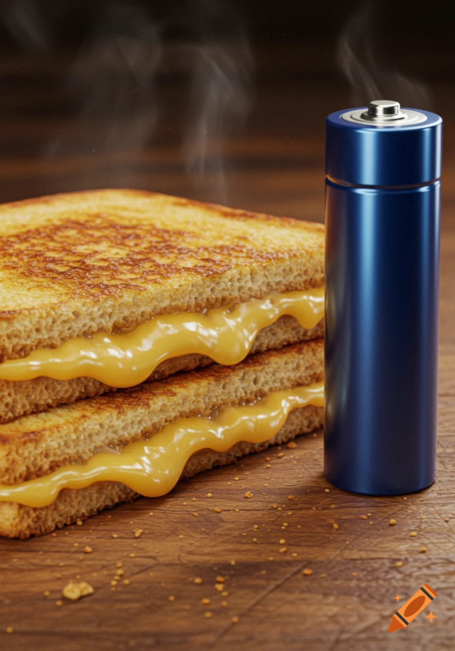 A steaming, golden-brown grilled cheese sandwich with melted cheese next to a blue battery on a wooden surface.