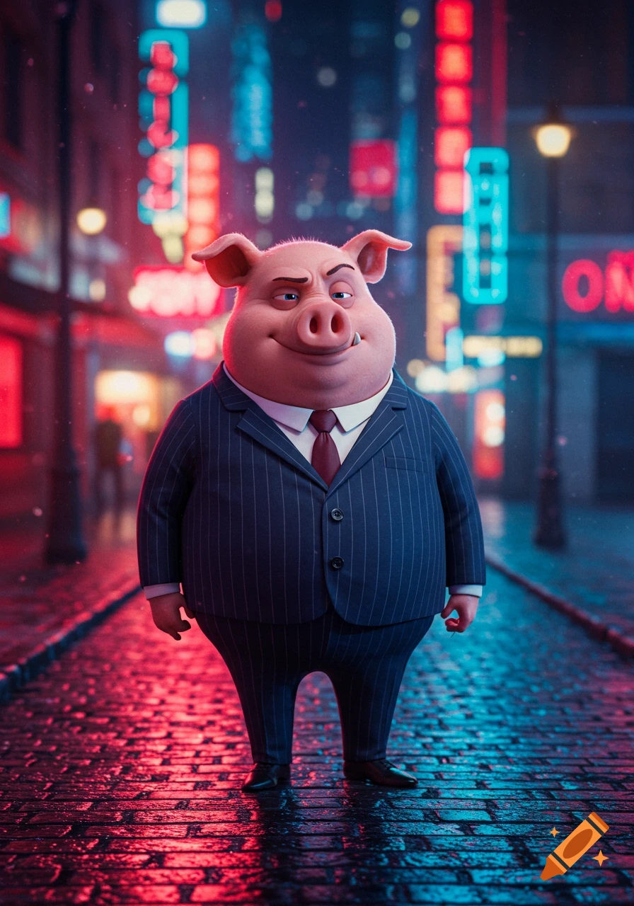 A smiling anthropomorphic pig in a pinstripe suit stands on a wet cobblestone street at night, illuminated by red and blue neon lights from background buildings.