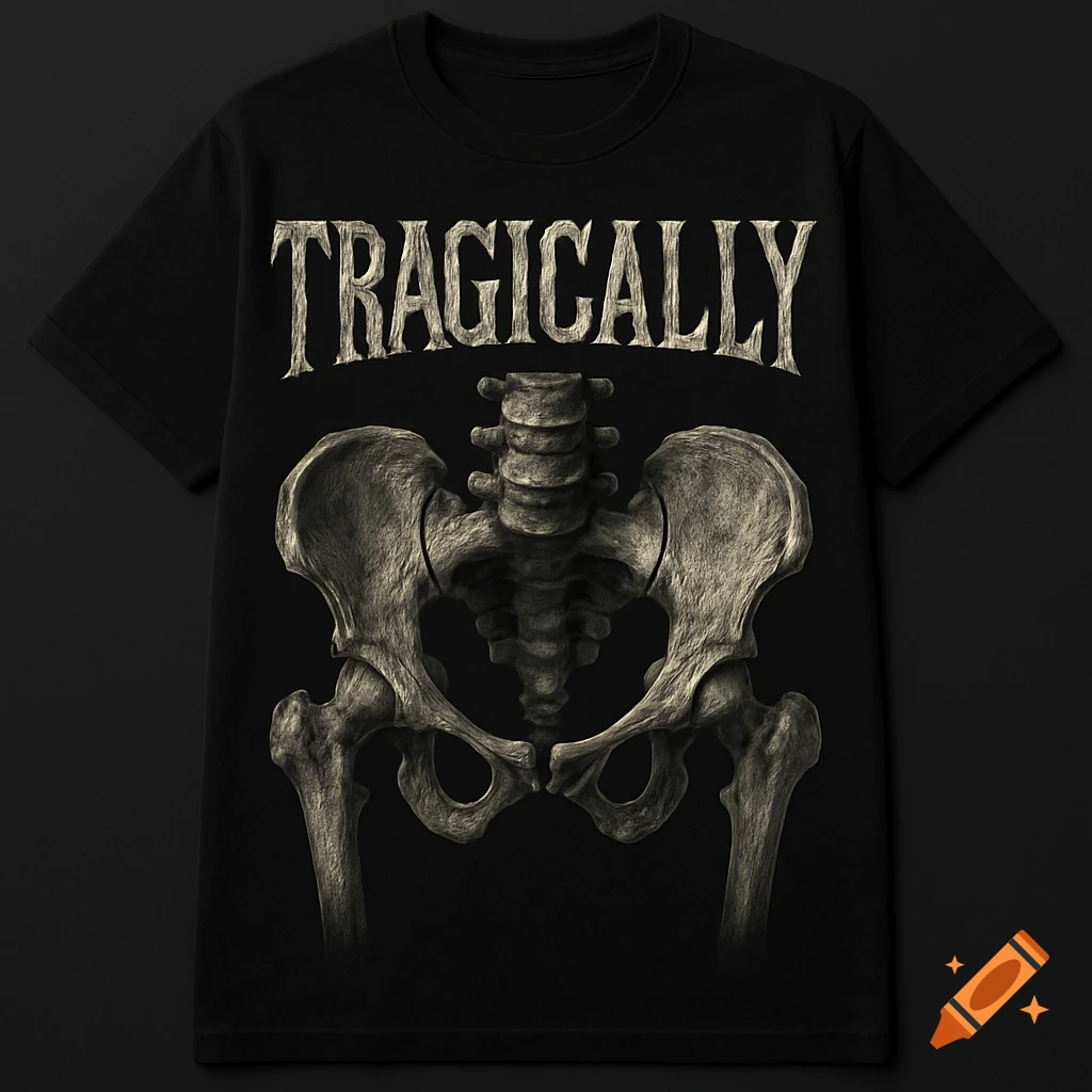 A black t-shirt featuring the word "TRAGICALLY" in bone-textured letters, positioned above a detailed skeletal hip and lower spine.