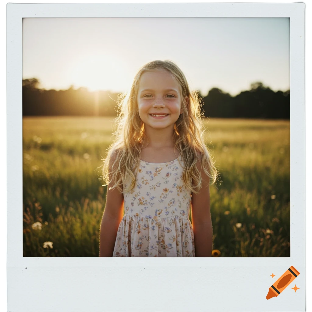 A smiling young girl with long blonde hair and freckles stands in a sunlit grassy field, framed like a Polaroid photo.