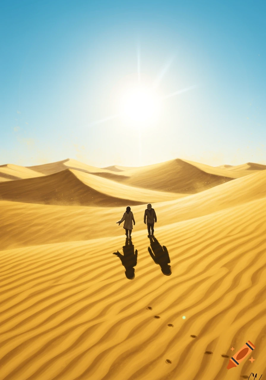 Two figures walk away from the viewer across vast golden sand dunes under a bright sun, casting long shadows in a stylized desert landscape.