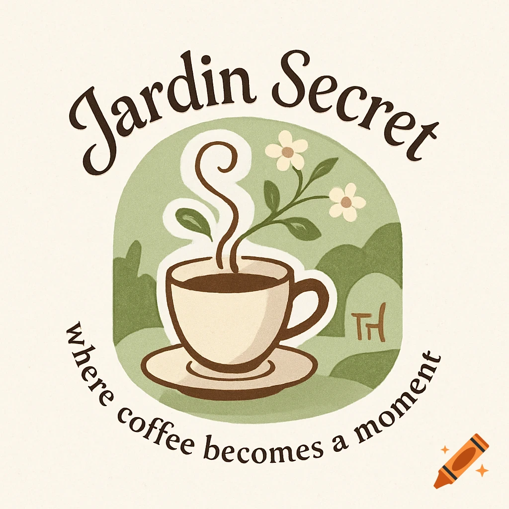 A cozy green and brown logo for 'Jardin Secret' featuring a coffee cup with steam forming a plant and text 'where coffee becomes a moment'.