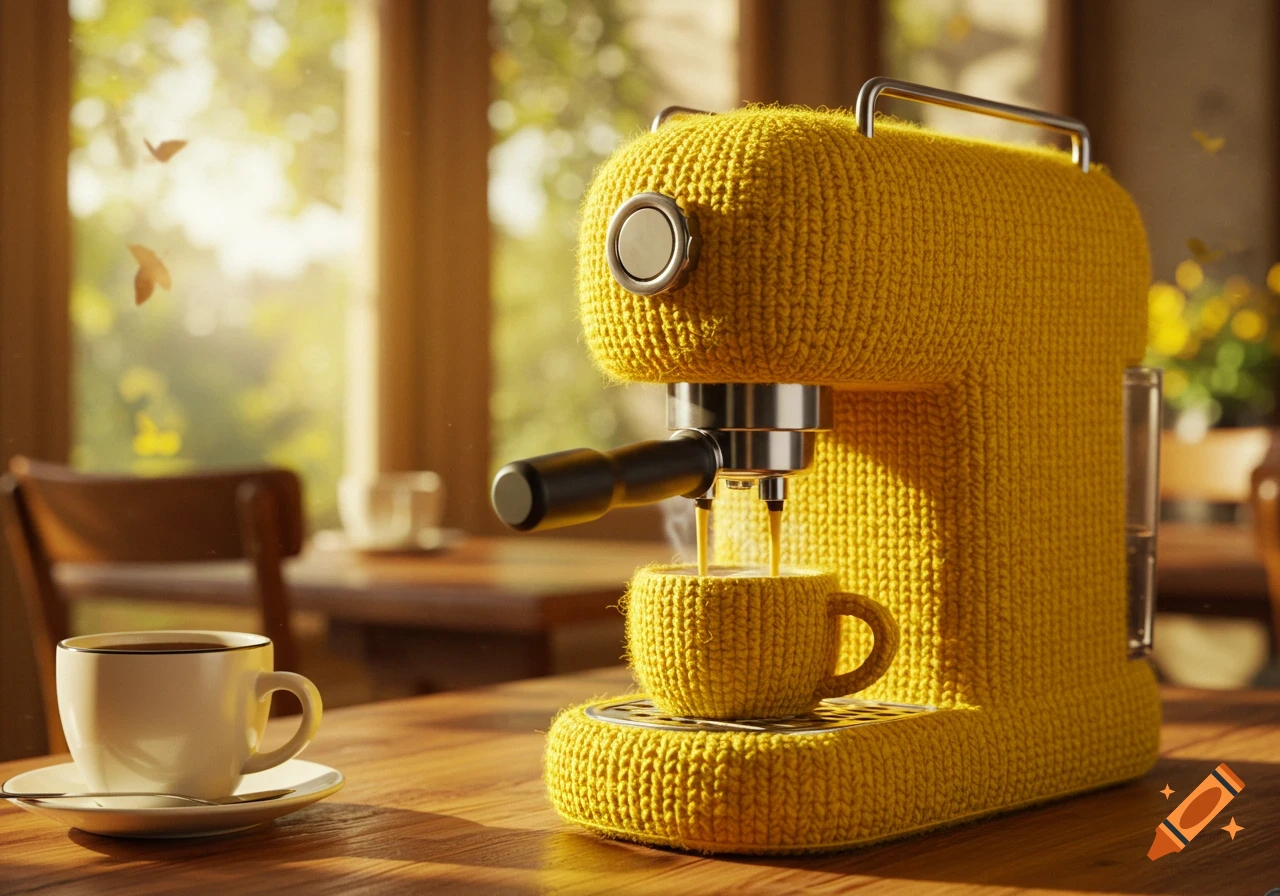 A vibrant yellow knitted coffee machine pours coffee into a matching knitted mug on a wooden table in a sunlit cafe.