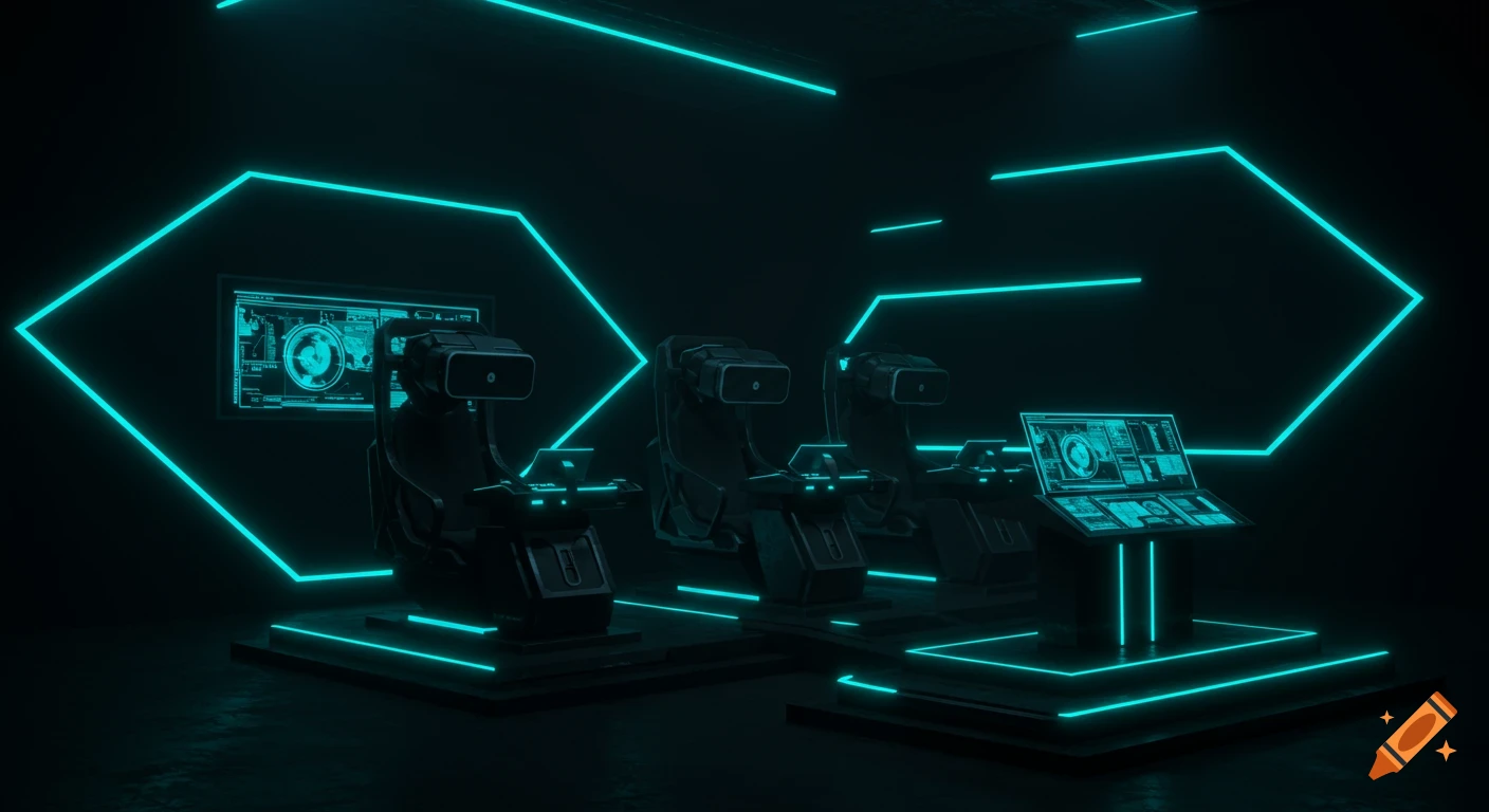 A dark futuristic room with three VR pods, glowing cyan LED strips, and holographic data screens, depicting a minimalist sci-fi arena.