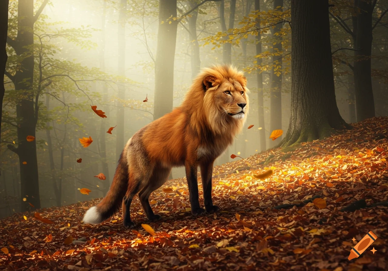 A majestic fox-lion hybrid with a golden mane stands on a leaf-covered hill in a misty autumn forest.