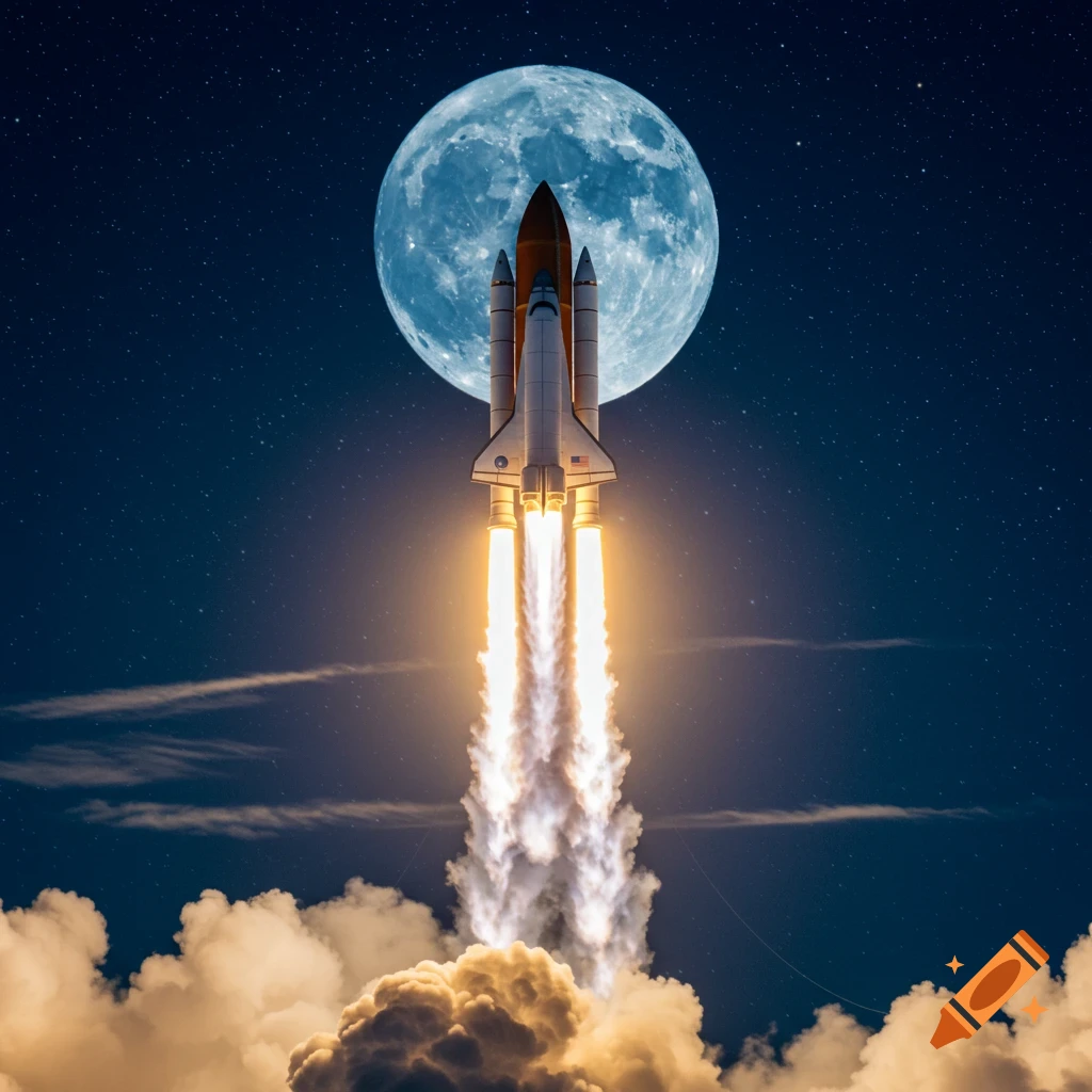A photorealistic space shuttle launches into the night sky, its engines blazing, with a large, textured full moon behind it and clouds below.