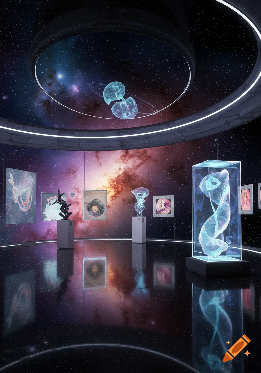 A futuristic art gallery featuring glowing abstract sculptures and paintings against a cosmic space background.