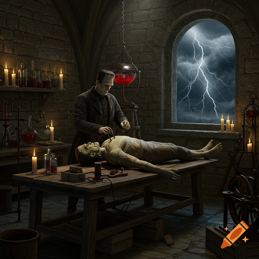 Dr. Frankenstein connects wires to his monster on a table in a dimly lit Gothic laboratory during a stormy night.
