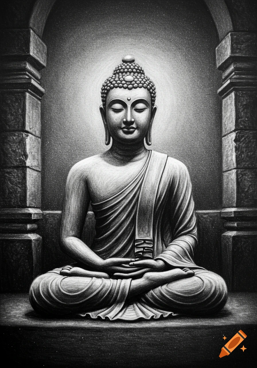 A monochrome charcoal drawing of a serene meditating Buddha statue, sitting in the lotus position between two pillars.