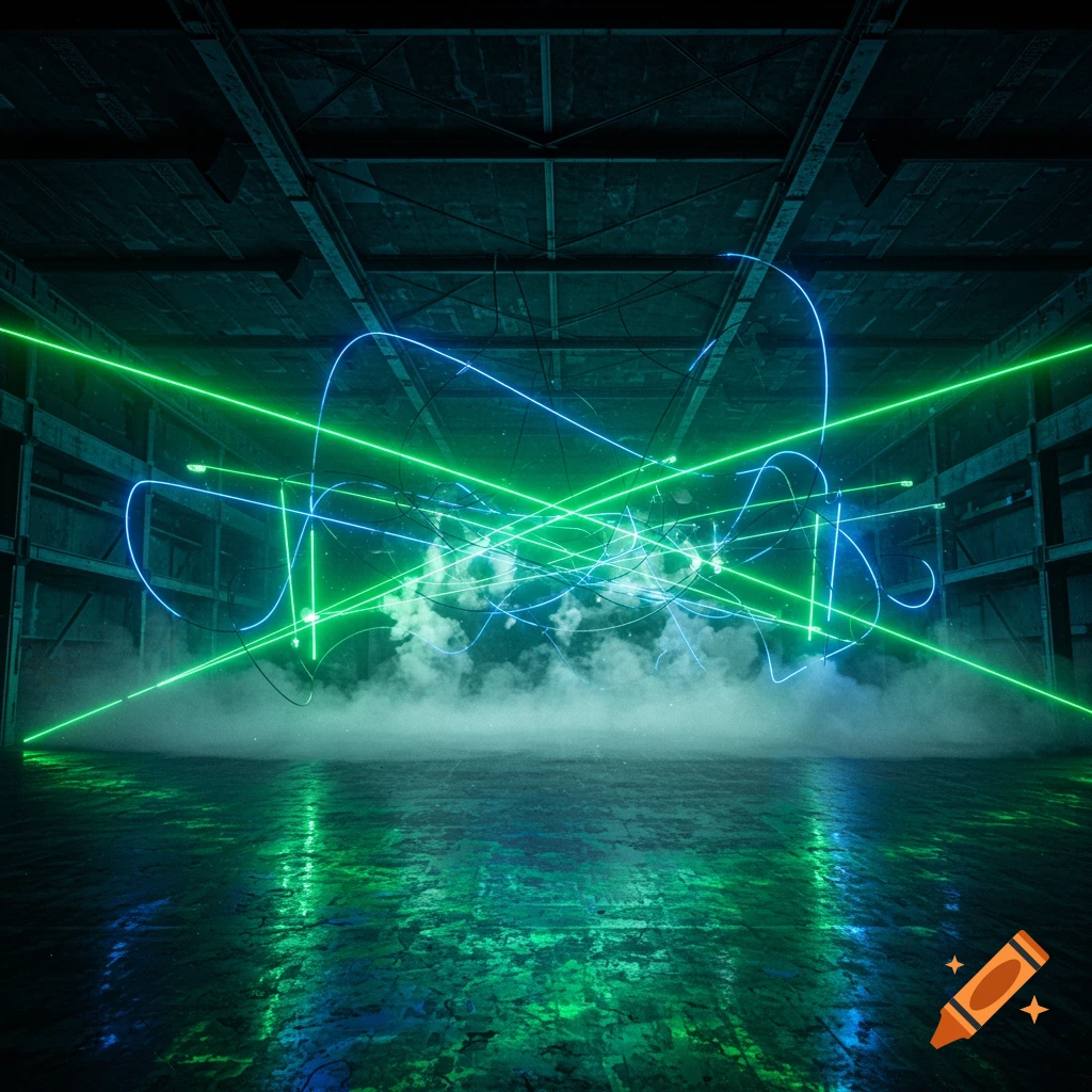 Dark warehouse with green and blue laser lights, fog, and reflections on a metallic floor.