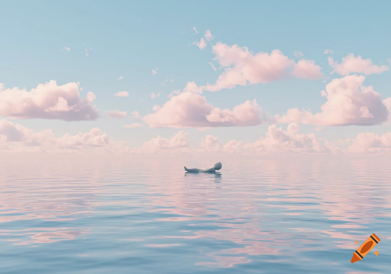 A stylized figure floats on calm water under a sky with pink clouds, in a tranquil, surreal illustration.